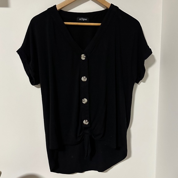 Eclipse Short Sleeve V Neck Tee with Tie Front Button Up Detail Medium Black - Picture 1 of 9